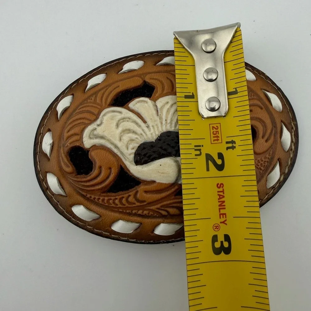 Tony Lama Vintage Tooled Leather Floral Belt Buckle Brown White Made in‎ USA